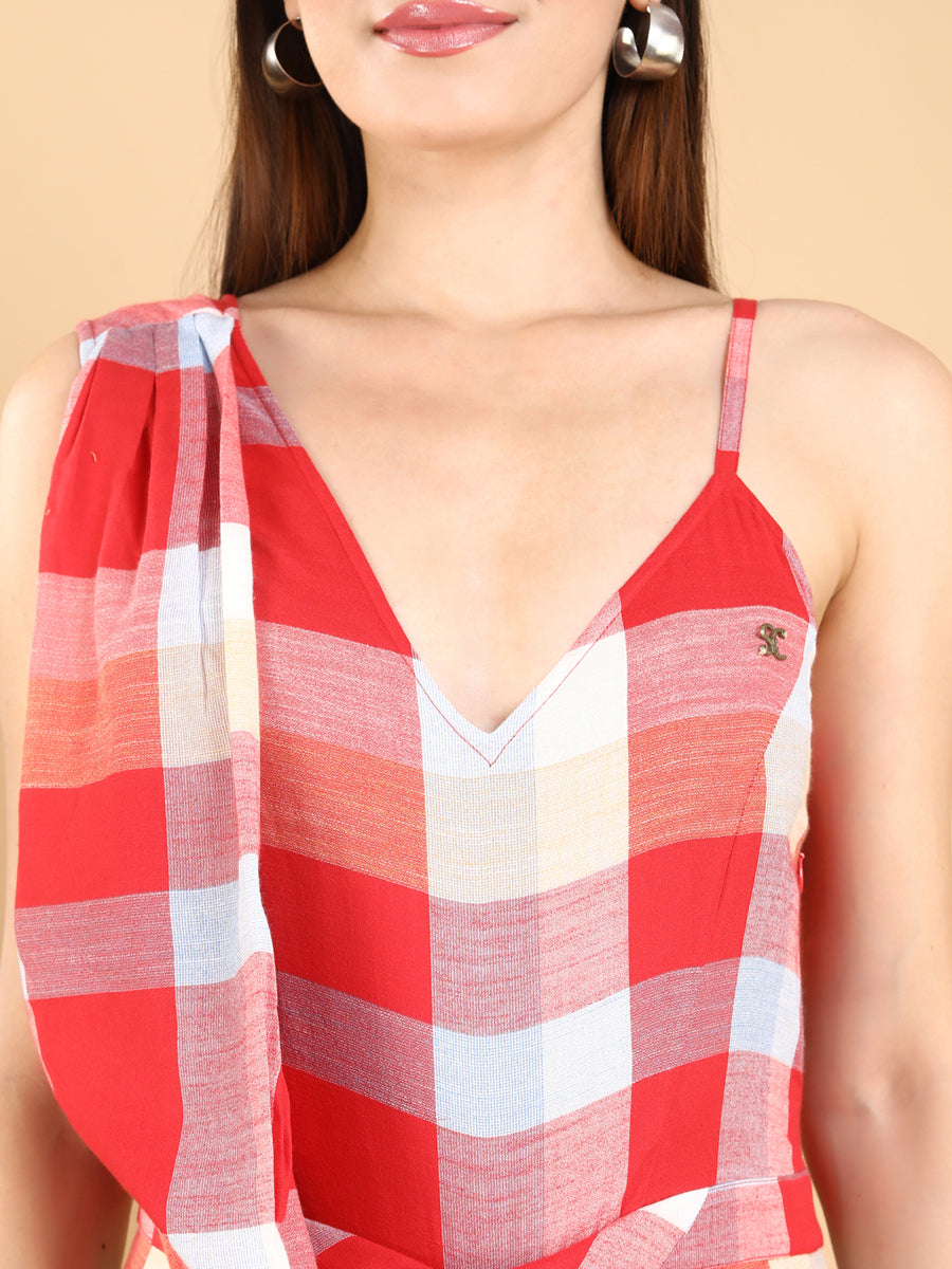 Bold Red Checkered Draped Jumpsuit