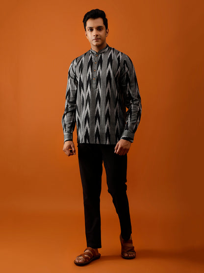 Short Kurta Black & Grey Ikat Print Cotton Kurta