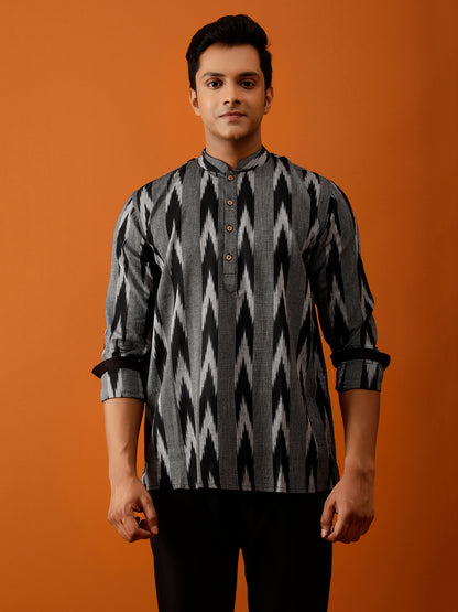 Short Kurta Black & Grey Ikat Print Cotton Kurta