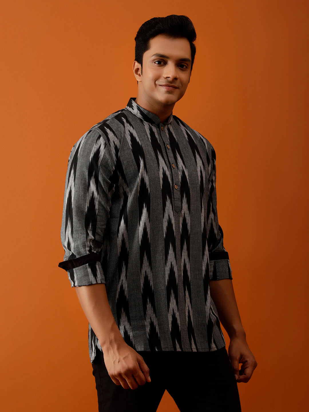 Short Kurta Black & Grey Ikat Print Cotton Kurta