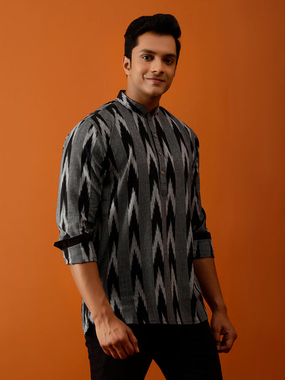 Short Kurta Black & Grey Ikat Print Cotton Kurta
