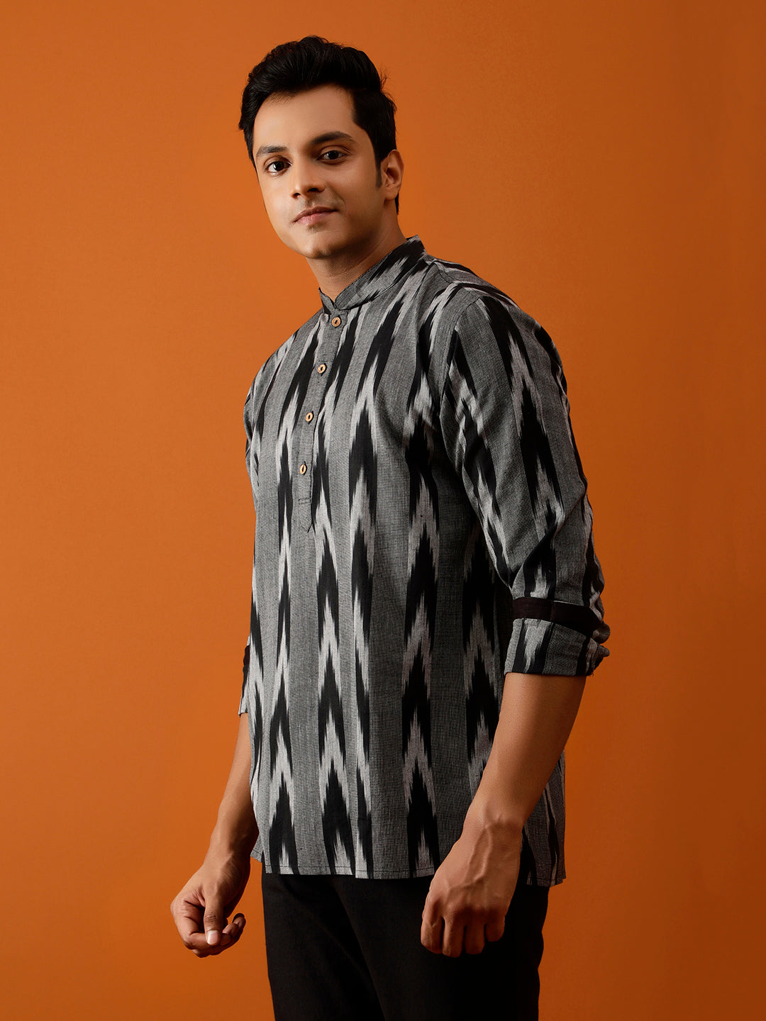 Short Kurta Black & Grey Ikat Print Cotton Kurta