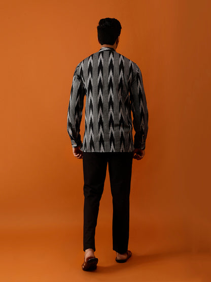 Short Kurta Black & Grey Ikat Print Cotton Kurta