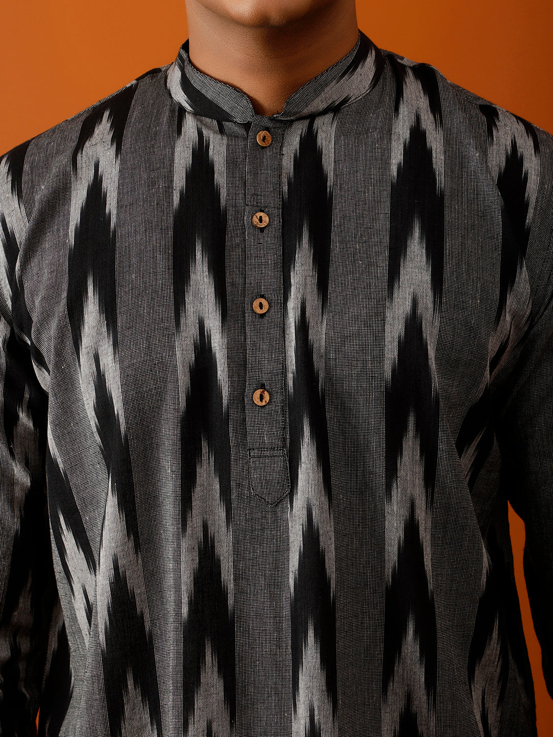 Short Kurta Black & Grey Ikat Print Cotton Kurta