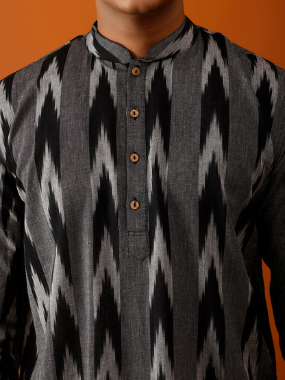 Short Kurta Black & Grey Ikat Print Cotton Kurta