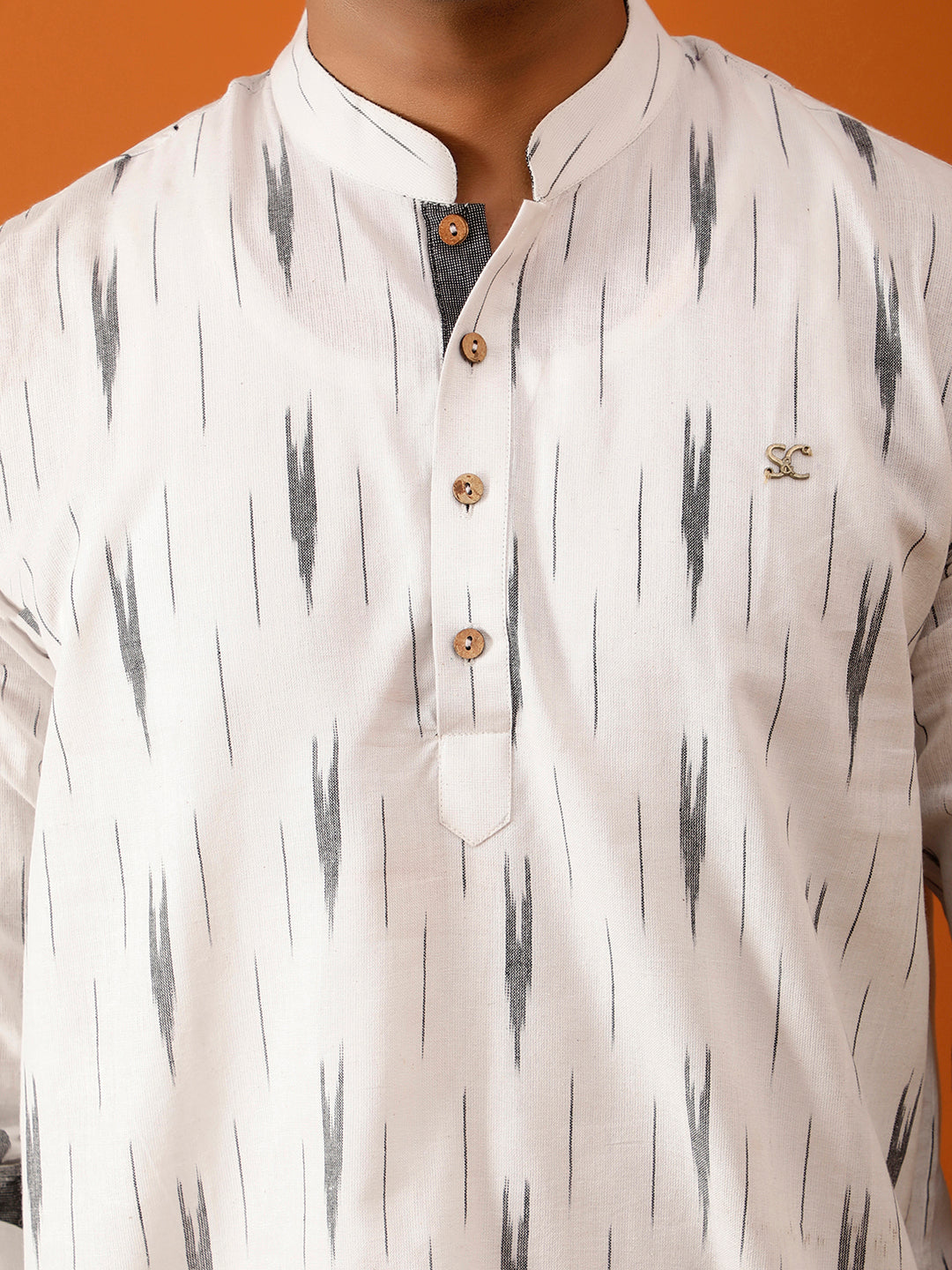 Short Kurta White & Grey Ikat Print Cotton