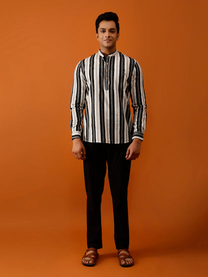 Short Kurta Black and White Vertical Striped Kurta