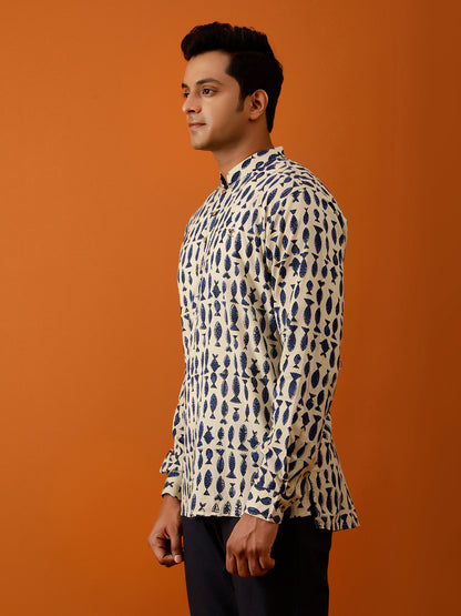 Short Kurta Beige & Blue Handblock Print Cotton