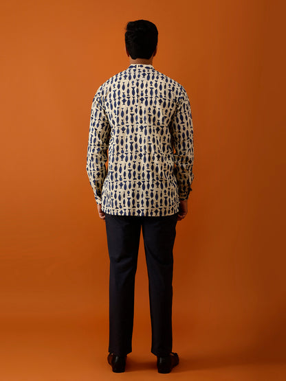 Short Kurta Beige & Blue Handblock Print Cotton