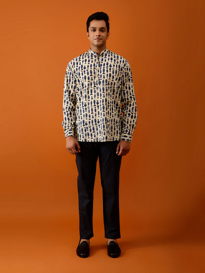 Short Kurta Beige & Blue Handblock Print Cotton