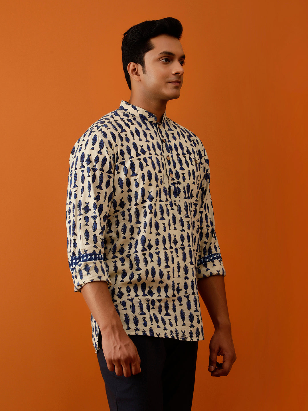 Short Kurta Beige & Blue Handblock Print Cotton