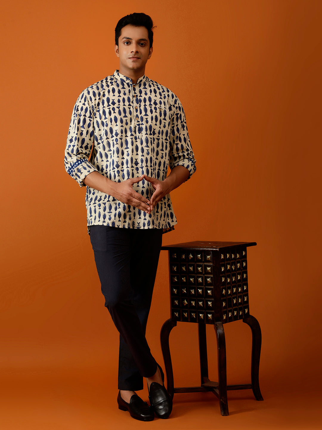 Short Kurta Beige & Blue Handblock Print Cotton