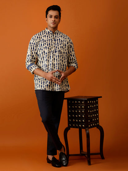 Short Kurta Beige & Blue Handblock Print Cotton