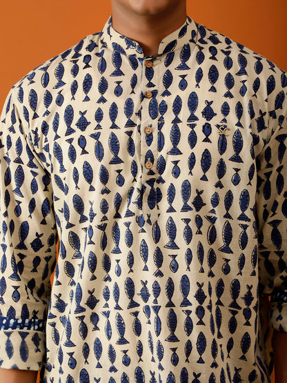 Short Kurta Beige & Blue Handblock Print Cotton