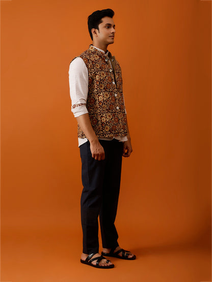 Maroon & Gold Floral Nehru Reversible-Jacket