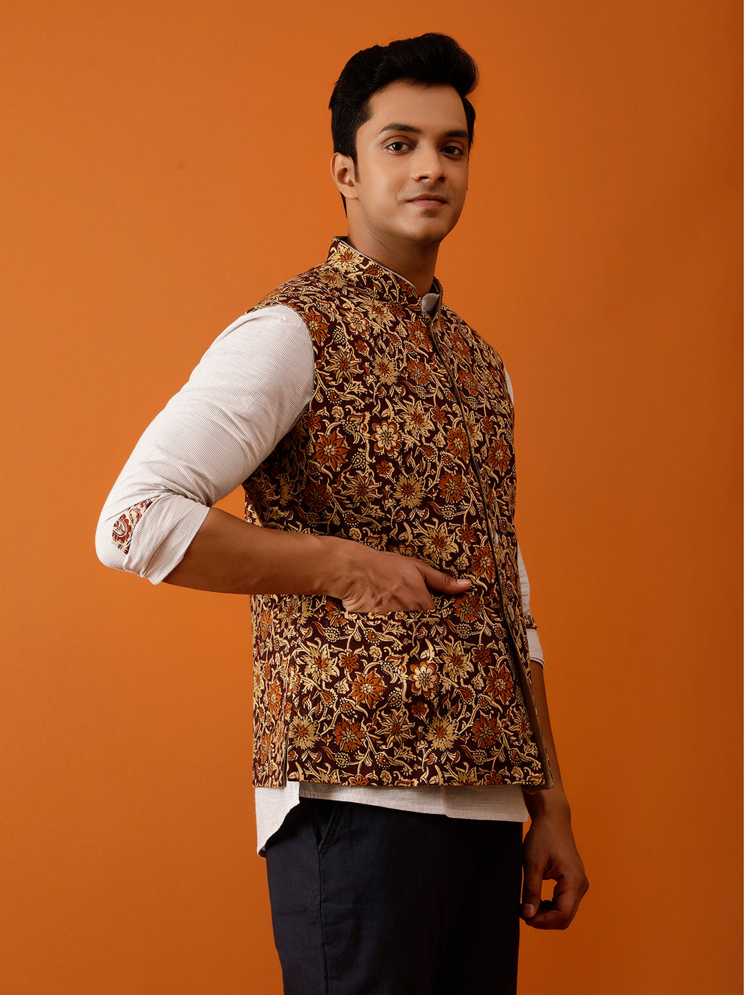 Maroon & Gold Floral Nehru Reversible-Jacket