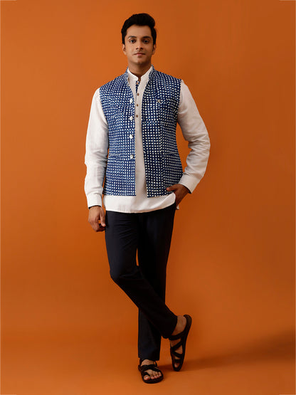 Indigo Blue Dotted Nehru Reversible-Jacket