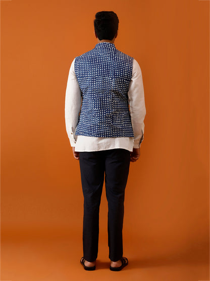 Indigo Blue Dotted Nehru Reversible-Jacket
