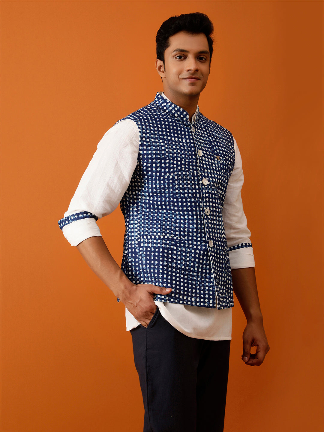 Indigo Blue Dotted Nehru Reversible-Jacket