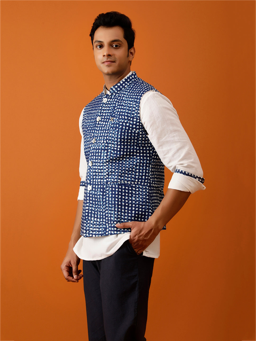 Indigo Blue Dotted Nehru Reversible-Jacket