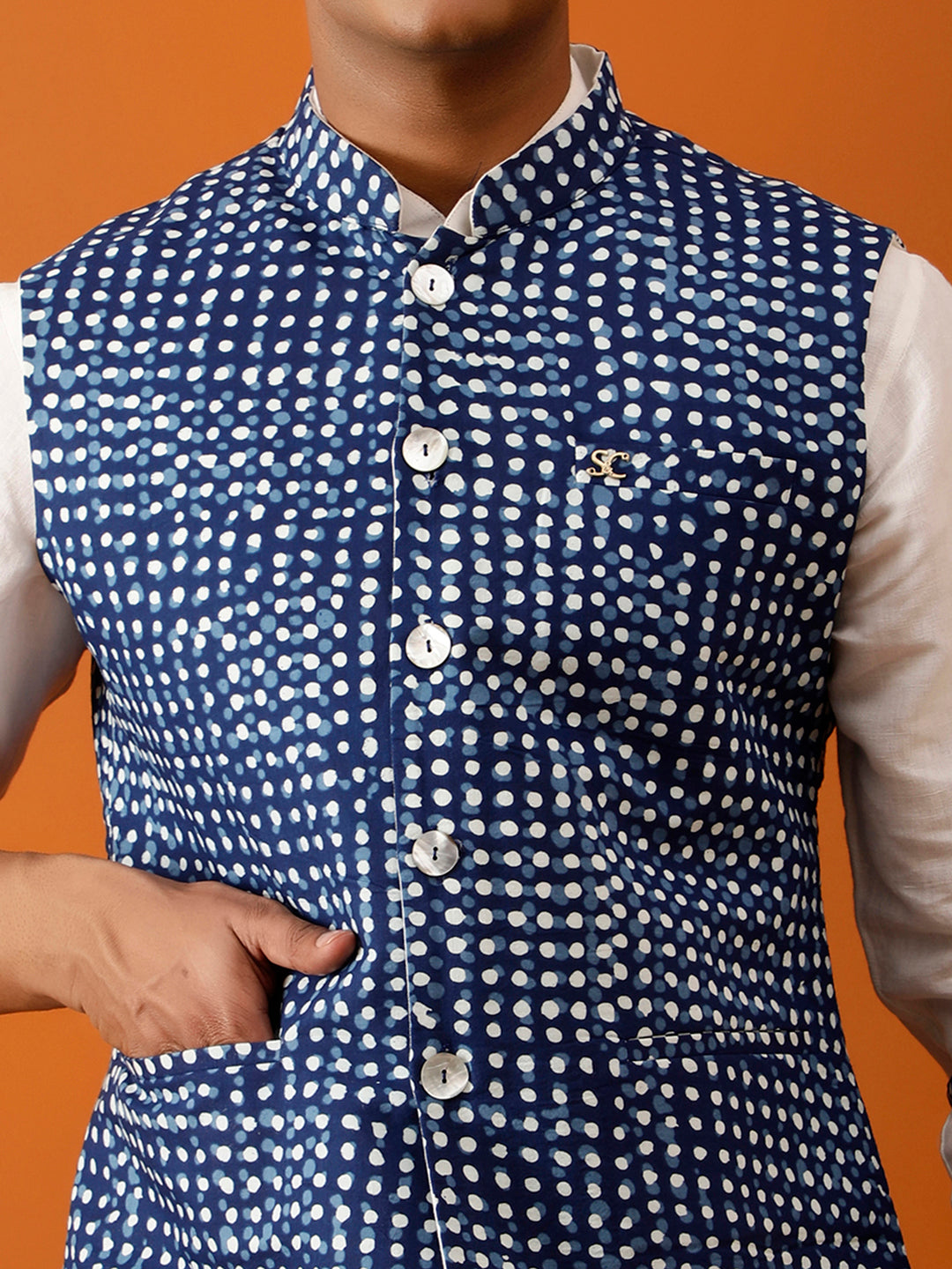 Indigo Blue Dotted Nehru Reversible-Jacket