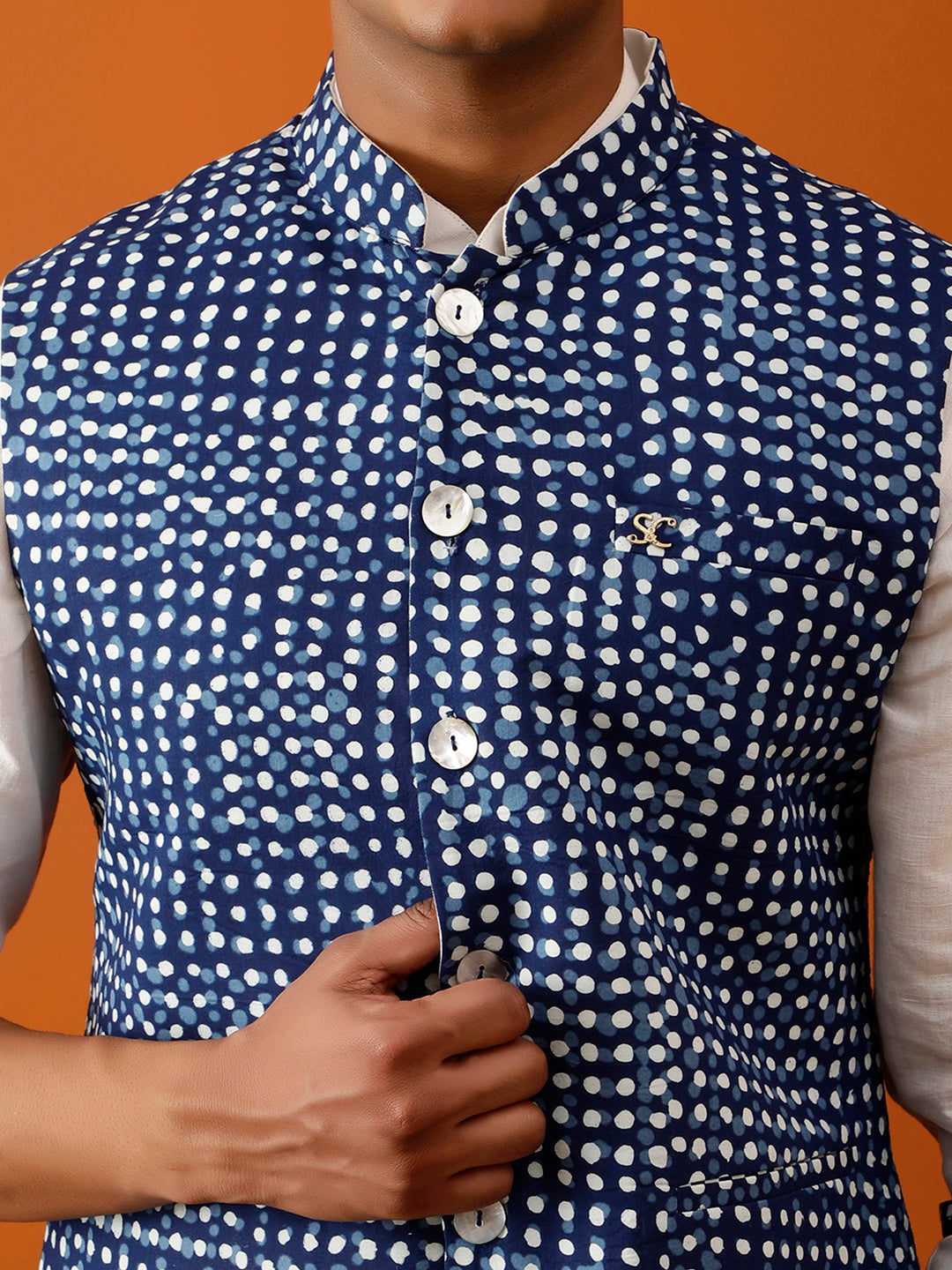 Indigo Blue Dotted Nehru Reversible-Jacket
