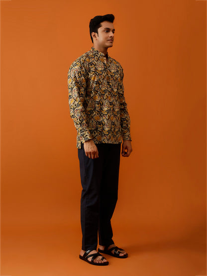 Short Kurta Olive Green and Beige Floral Cotton