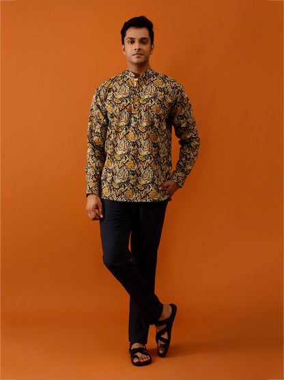 Short Kurta Olive Green and Beige Floral Cotton