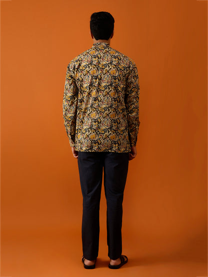 Short Kurta Olive Green and Beige Floral Cotton