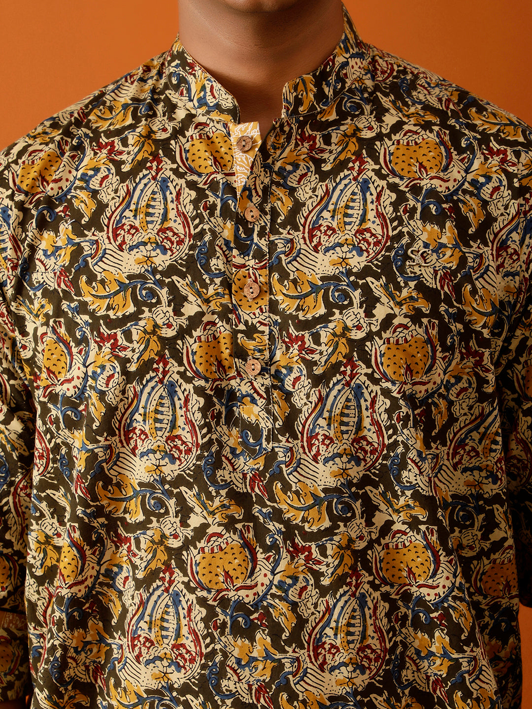 Short Kurta Olive Green and Beige Floral Cotton