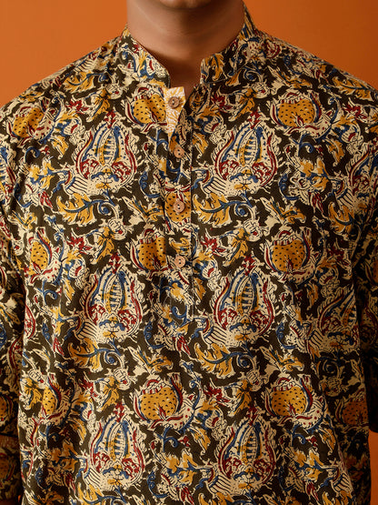 Short Kurta Olive Green and Beige Floral Cotton