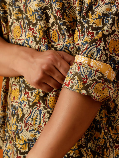 Short Kurta Olive Green and Beige Floral Cotton