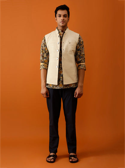 Beige Textured Nehru Reversible-Jacket