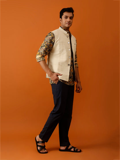 Beige Textured Nehru Reversible-Jacket