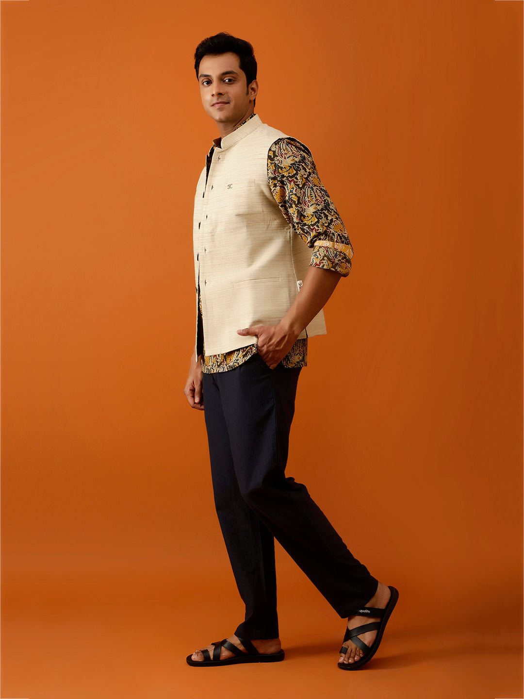 Beige Textured Nehru Reversible-Jacket