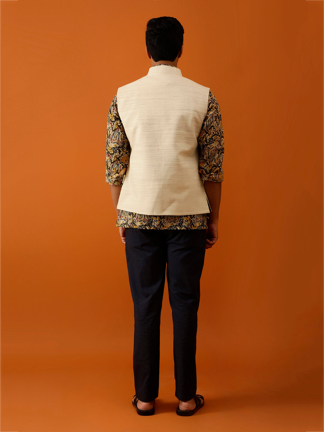 Beige Textured Nehru Reversible-Jacket