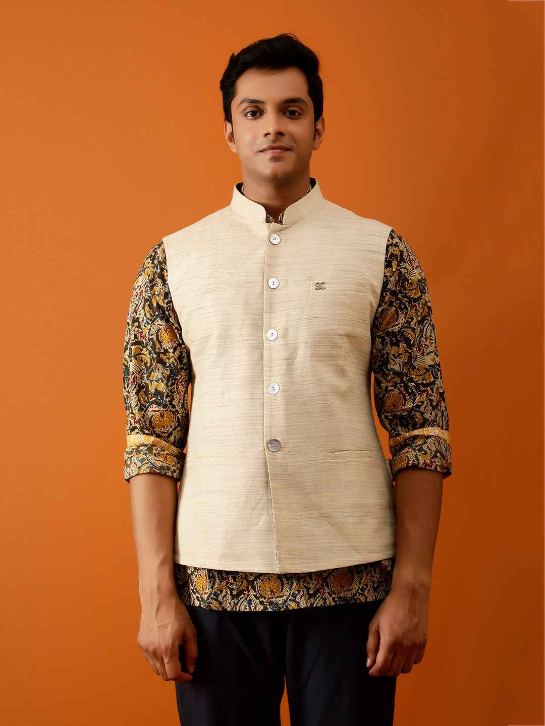Beige Textured Nehru Reversible-Jacket