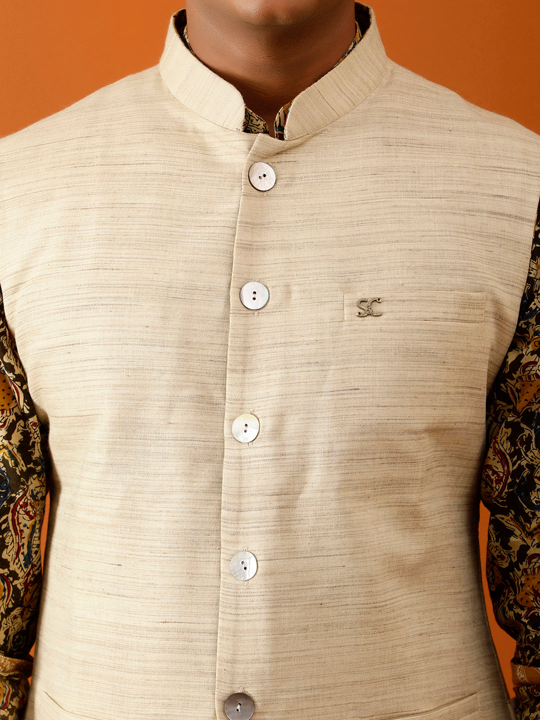 Beige Textured Nehru Reversible-Jacket