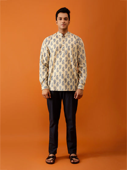 Short Kurta Cream Handblock Printed Cotton