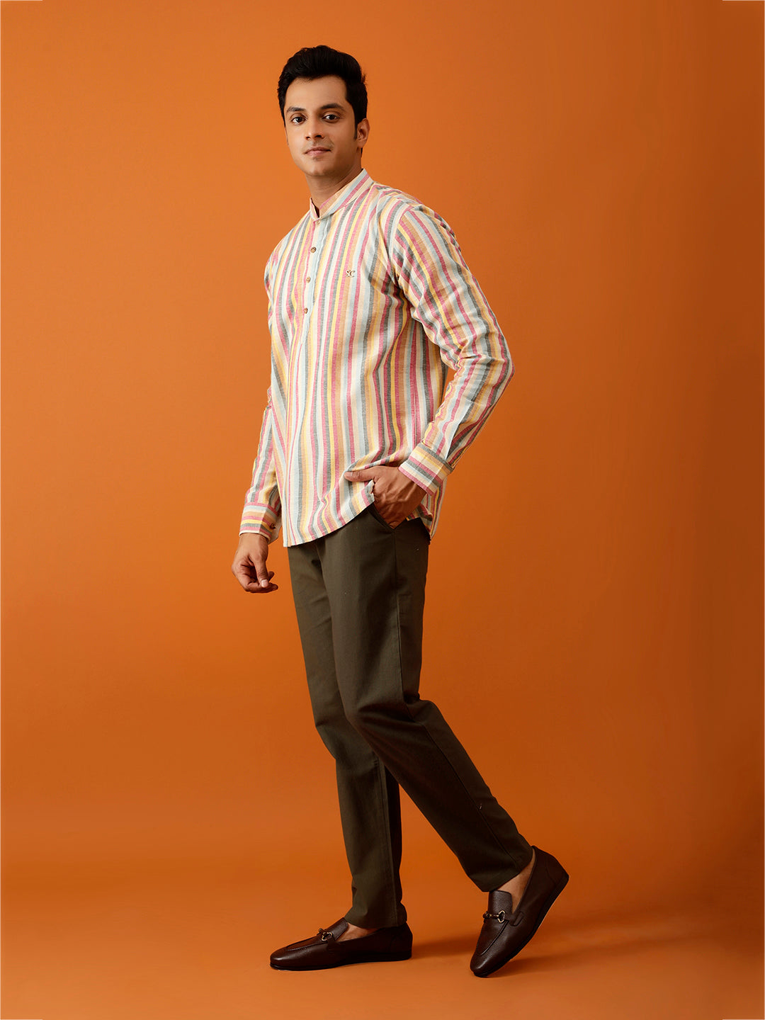 Short Kurta in Yarn Dyed Multicolor Cotton