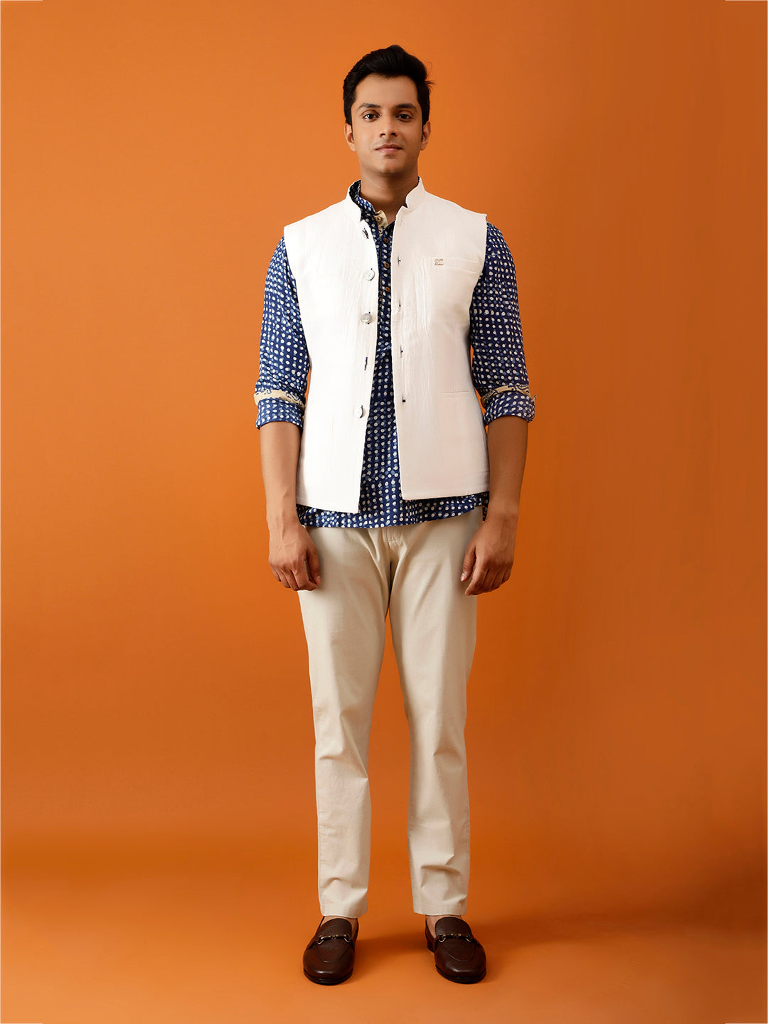 Indigo Blue Dotted Nehru Reversible-Jacket