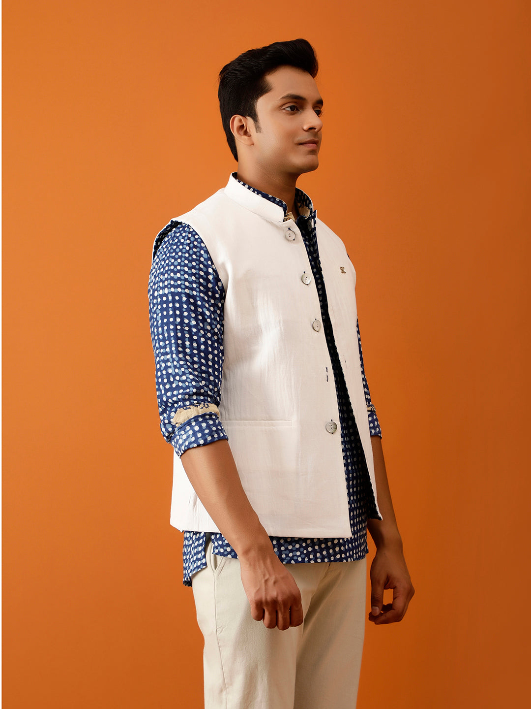 Indigo Blue Dotted Nehru Reversible-Jacket