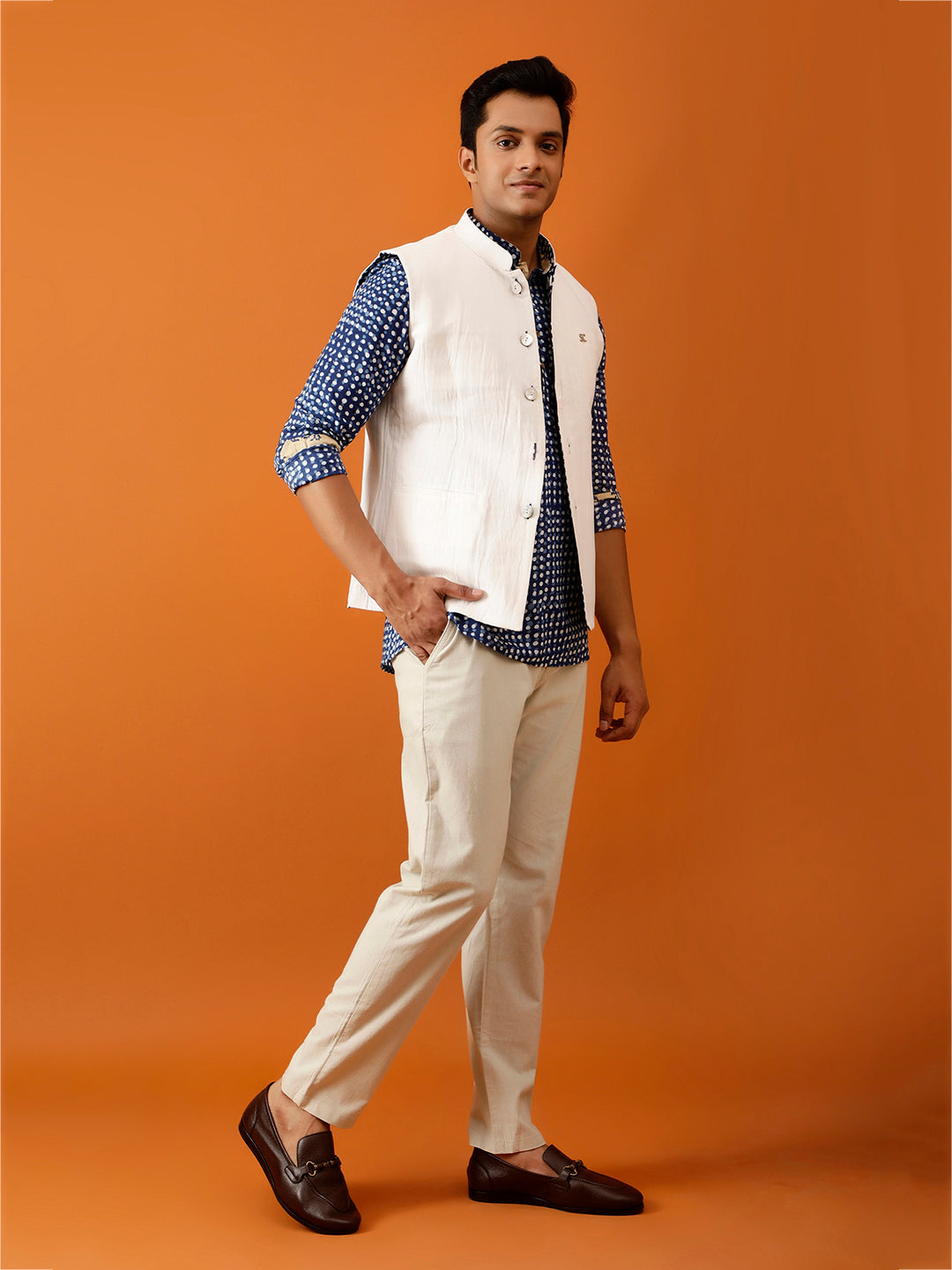 Indigo Blue Dotted Nehru Reversible-Jacket