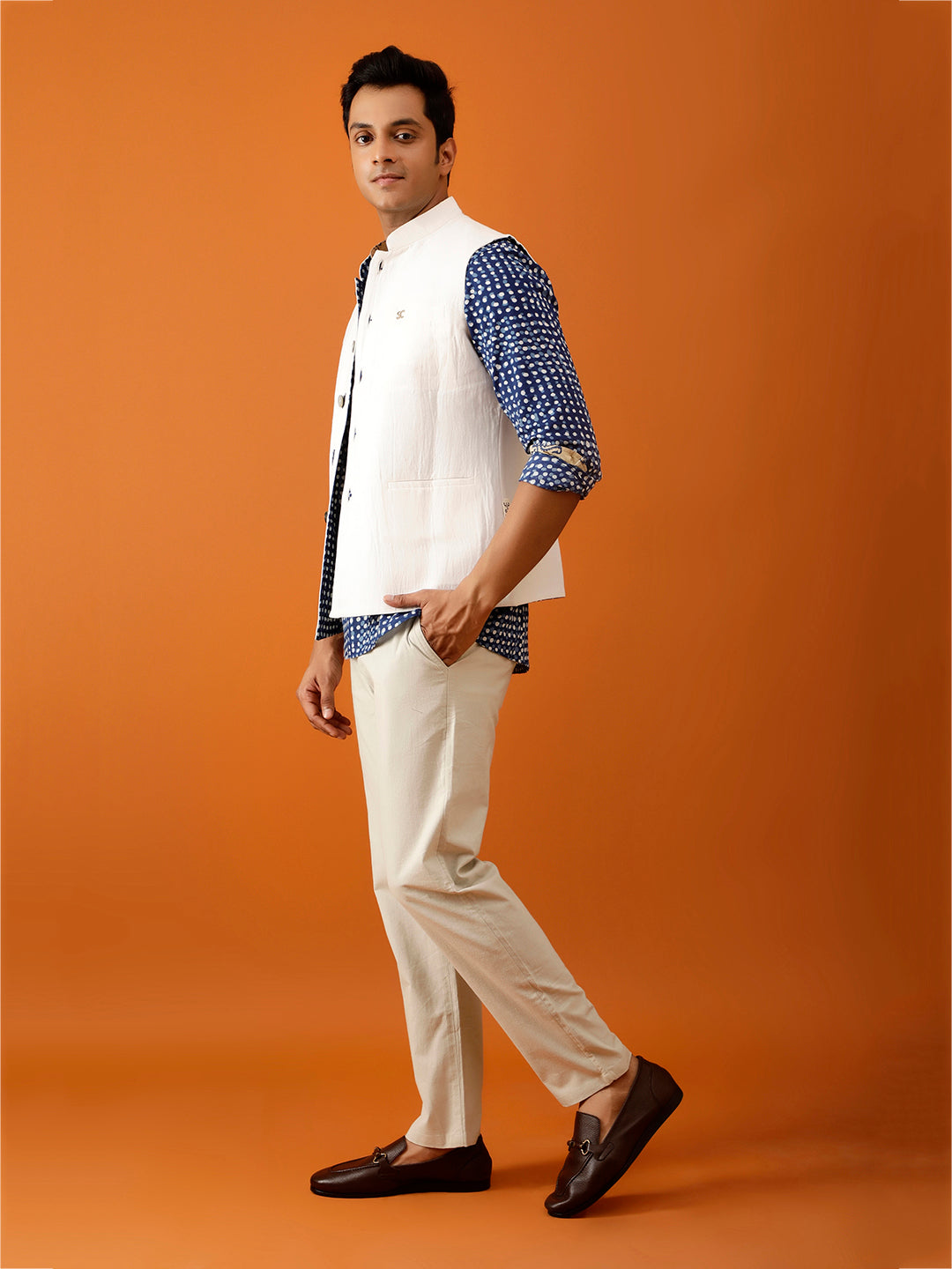 Indigo Blue Dotted Nehru Reversible-Jacket