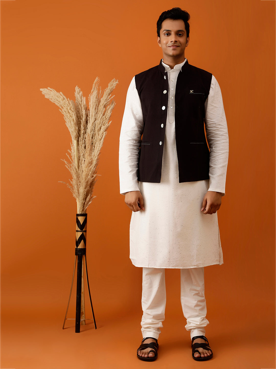 Black Ikat-Inspired Print Nehru Reversible-Jacket