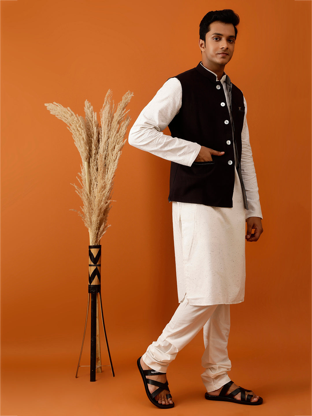 Black Ikat-Inspired Print Nehru Reversible-Jacket