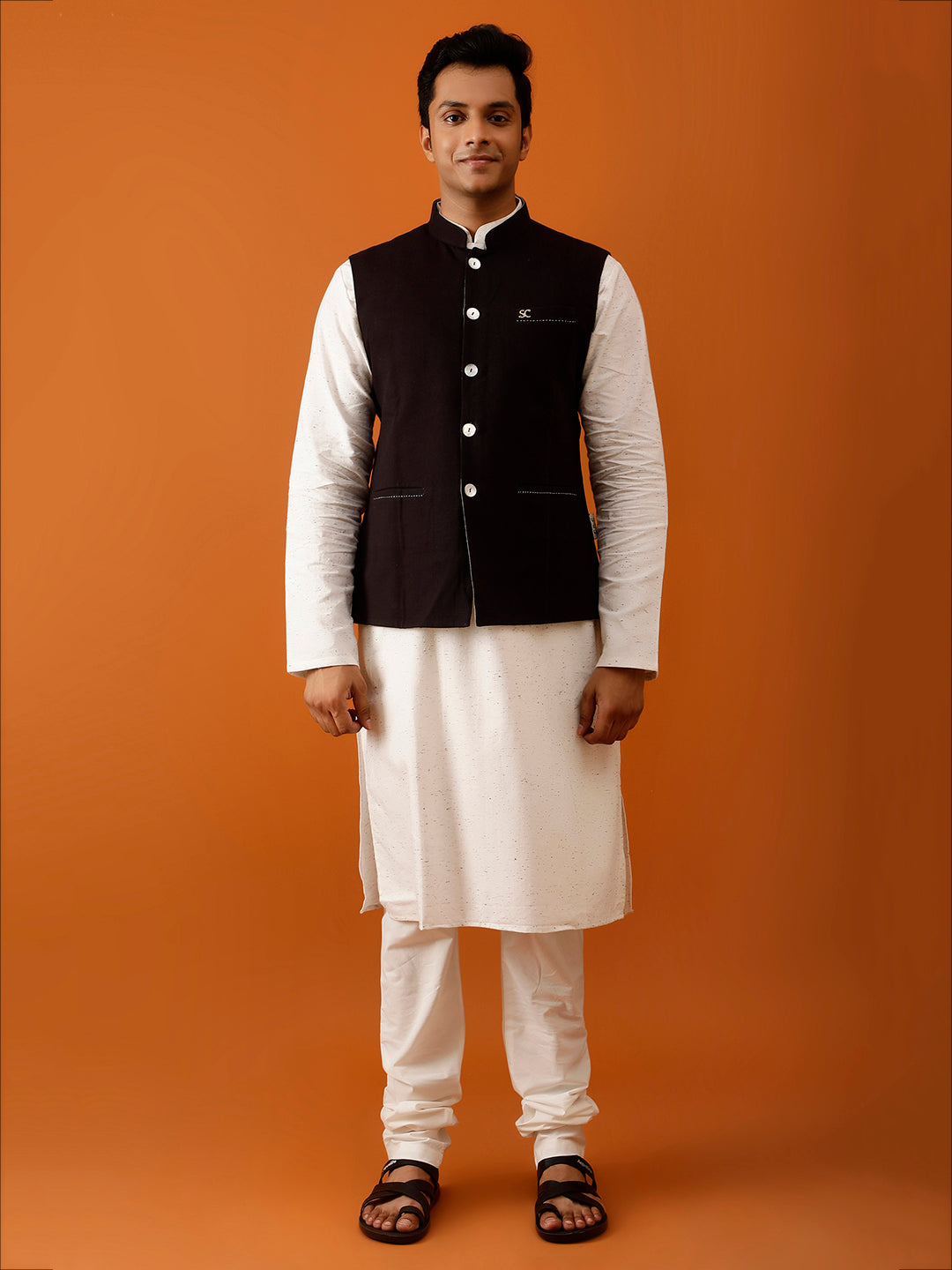 Black Ikat-Inspired Print Nehru Reversible-Jacket