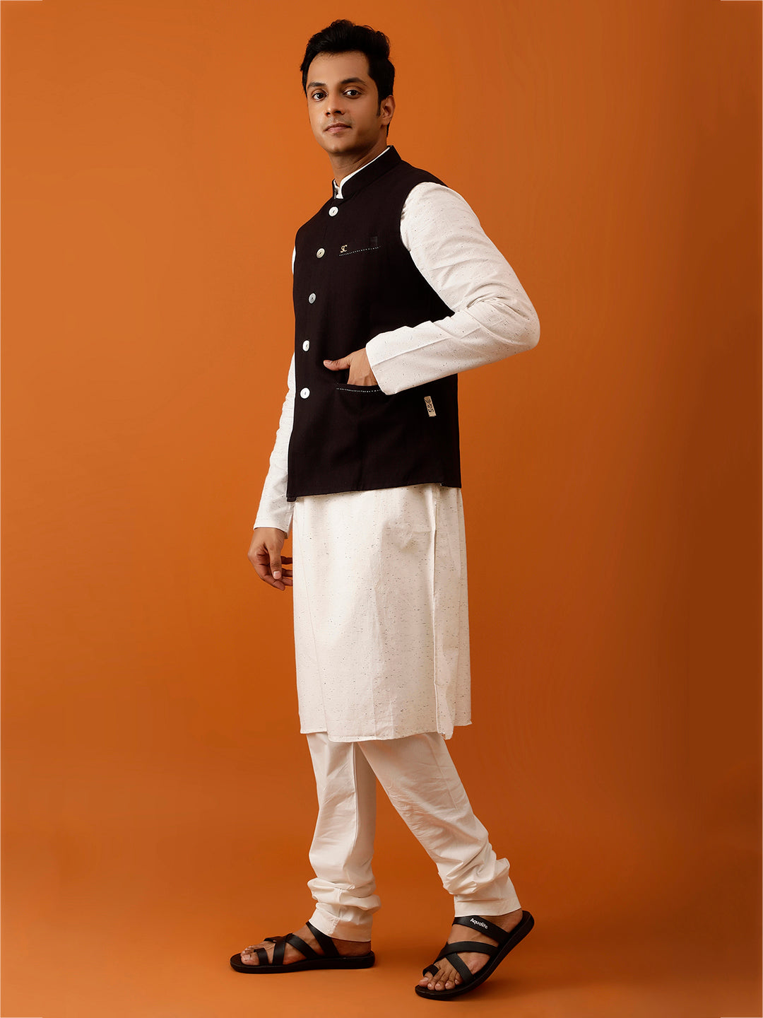 Black Ikat-Inspired Print Nehru Reversible-Jacket