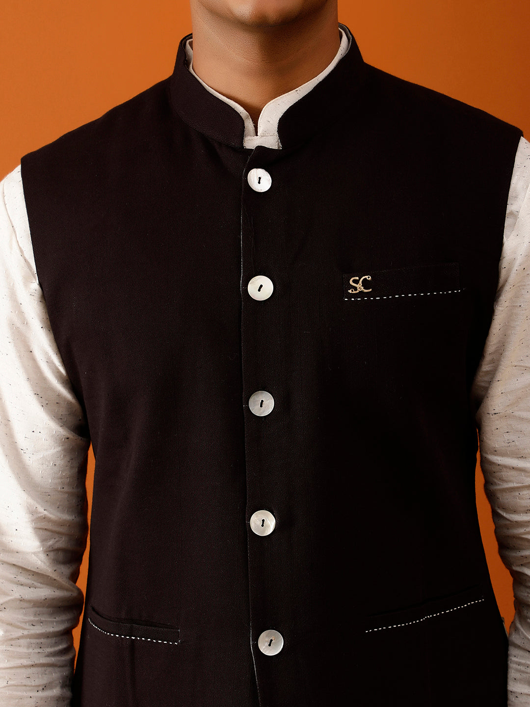Black Ikat-Inspired Print Nehru Reversible-Jacket