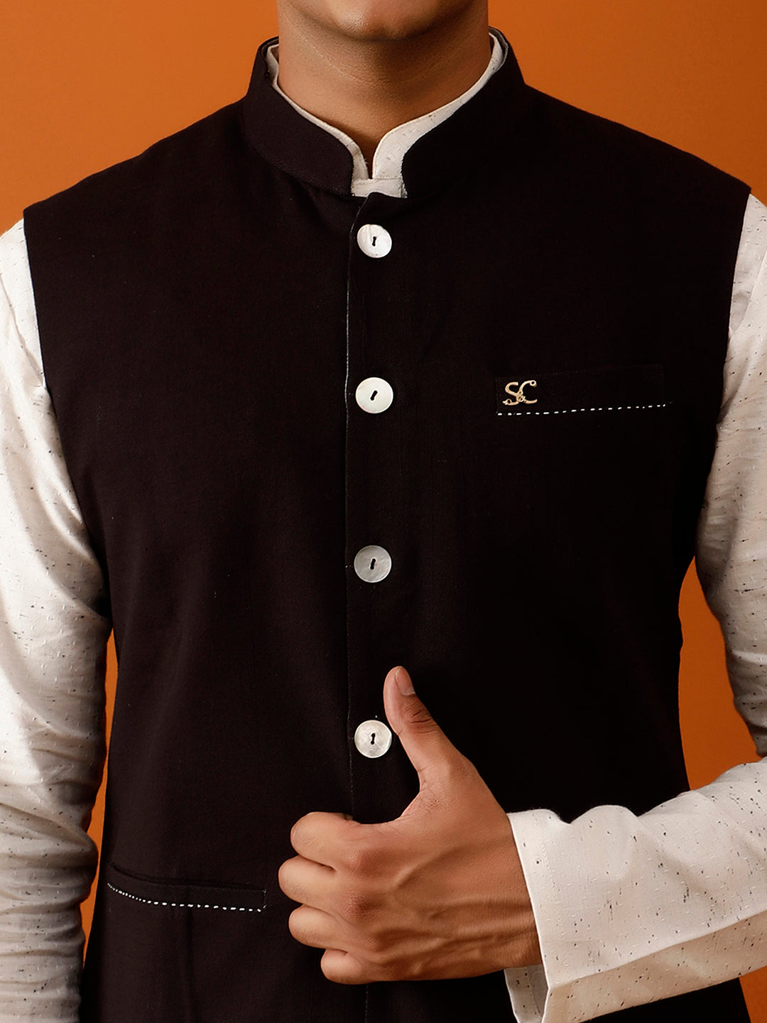 Black Ikat-Inspired Print Nehru Reversible-Jacket
